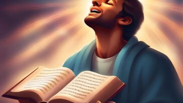 Man with eyes closed and head tilted back, holding open a book of sheet music, with bright light shining behind him.
