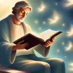 A man with white hair and a beard sits reading a book, with glowing doves and stars in the background.