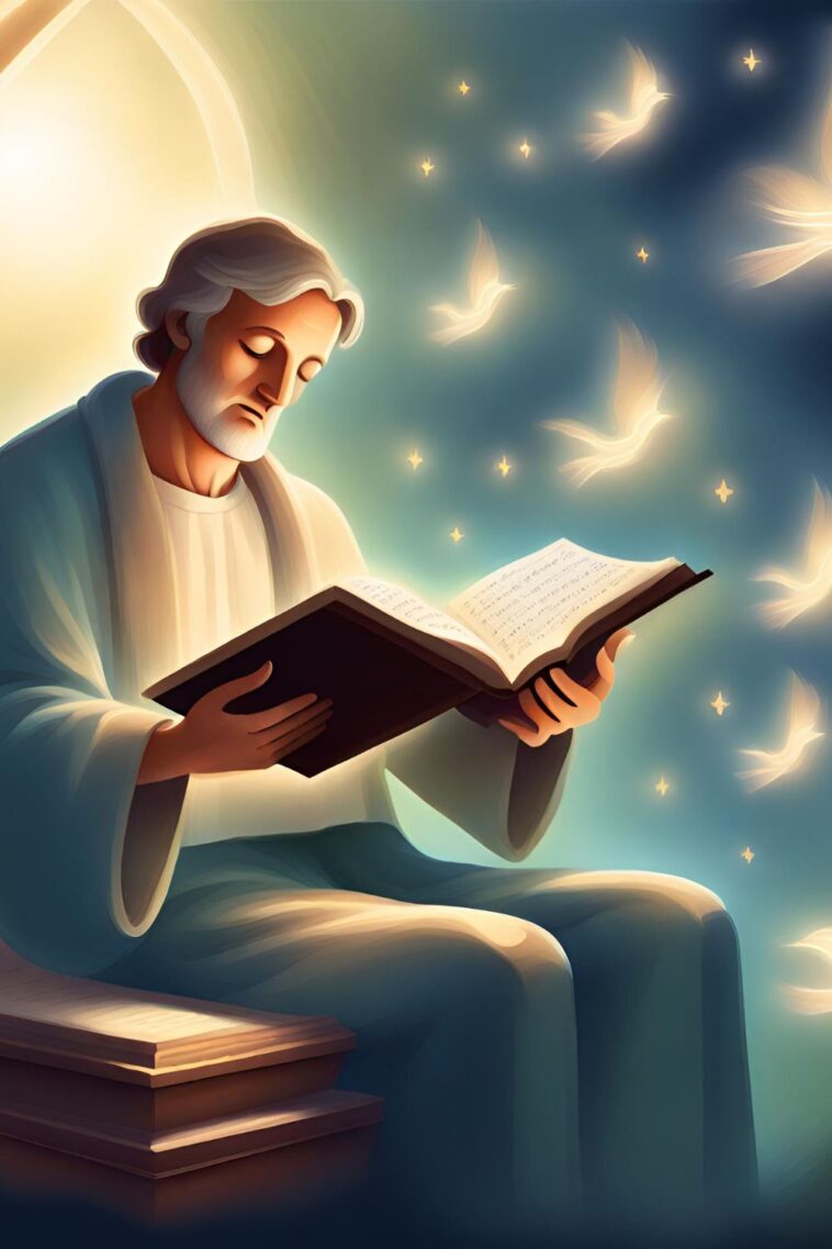 A man with white hair and a beard sits reading a book, with glowing doves and stars in the background.
