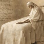 Woman in white robe and head covering kneels at a bed covered in handwritten text. Musical notes are visible in the upper left and lower right corners.
