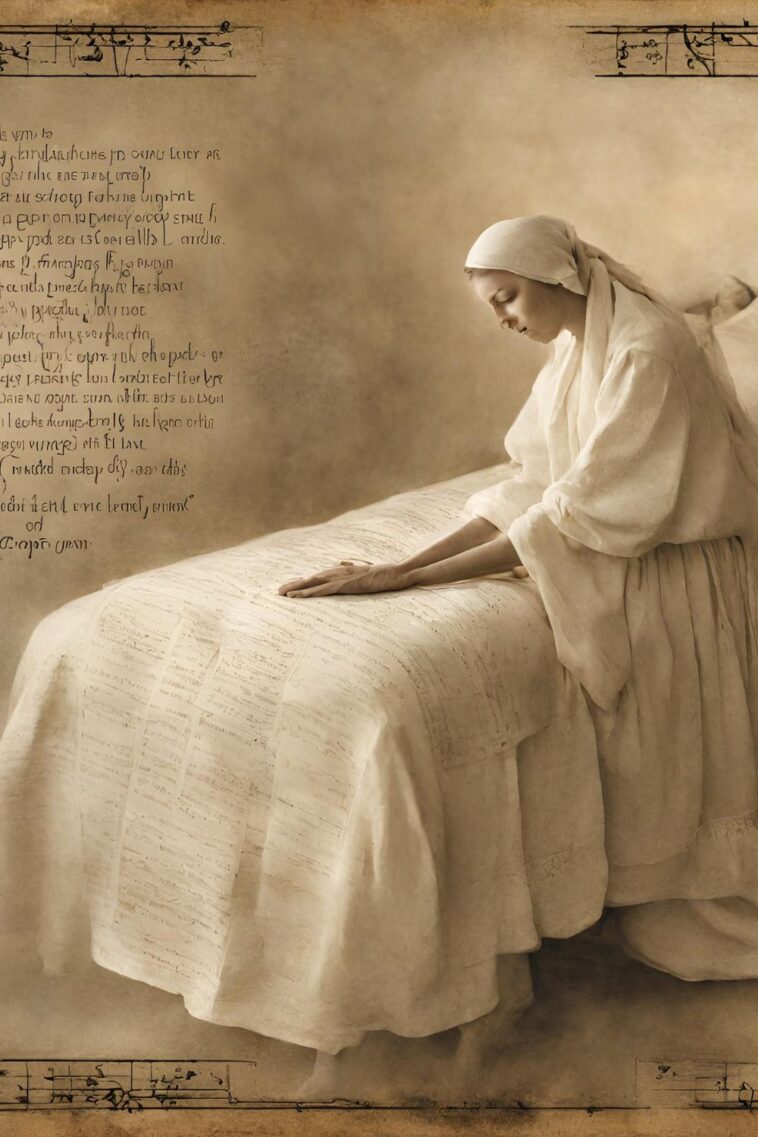 Woman in white robe and head covering kneels at a bed covered in handwritten text. Musical notes are visible in the upper left and lower right corners.