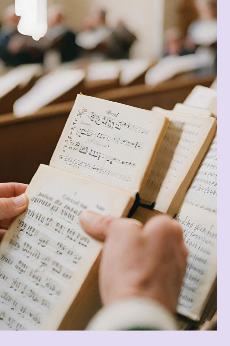 Hands hold open an old hymn book with handwritten notes, in a church setting.