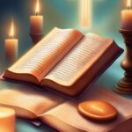 Open books with text, candles in holders, and a glowing cross in the background.