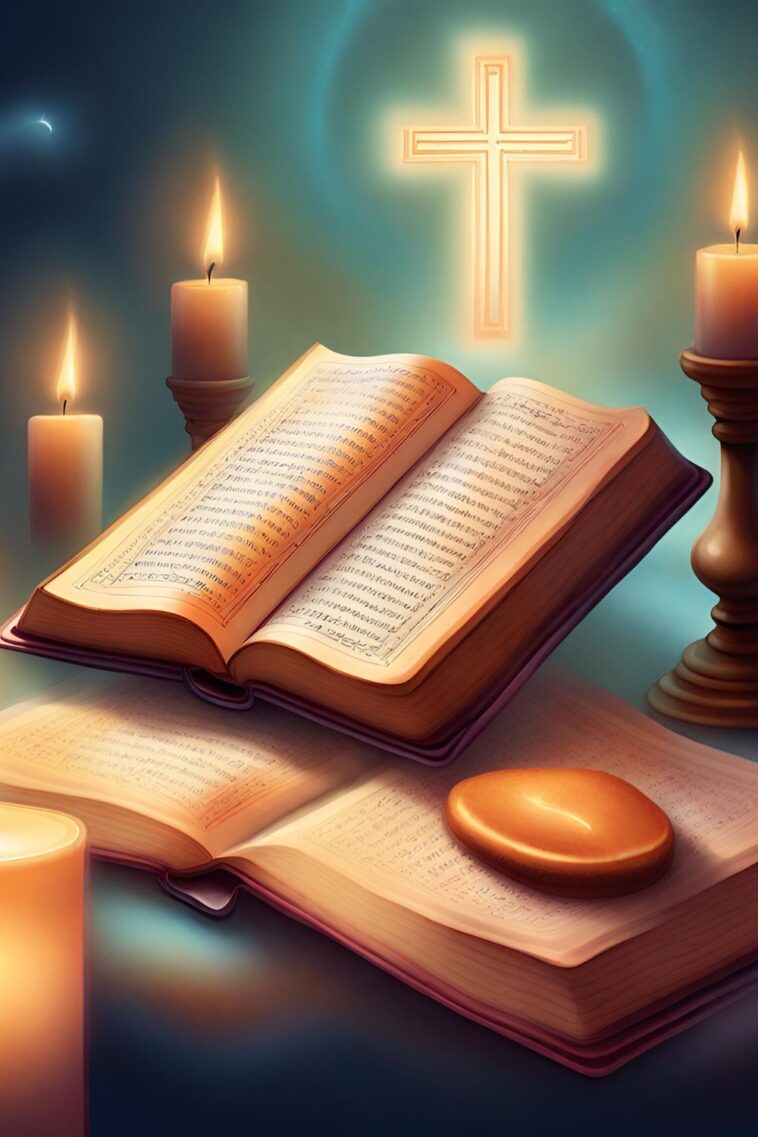 Open books with text, candles in holders, and a glowing cross in the background.