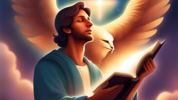 Man with eyes closed holding a book, with large wings and a lion-like face behind him, set against a starry sky with clouds.