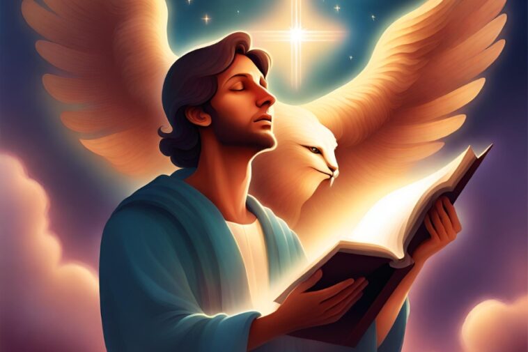 Man with eyes closed holding a book, with large wings and a lion-like face behind him, set against a starry sky with clouds.