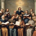 Painting of a group of men holding books, with a cross above them.