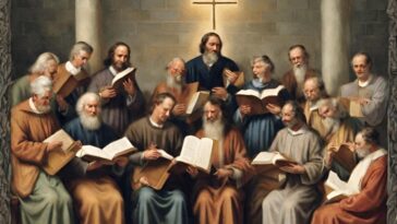 Painting of a group of men holding books, with a cross above them.