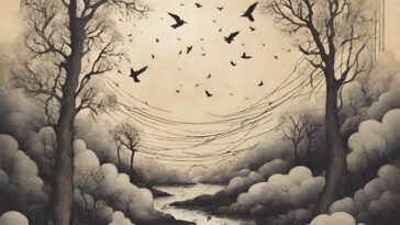 Sketchy landscape with a river, trees, and many birds in flight.