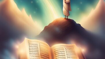 A figure in a robe stands atop a hill, with an open book of sheet music below, all set against a dreamy mountain and starry sky backdrop.
