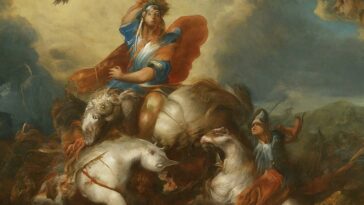 Painting shows a woman with a feathered headdress riding a white horse amidst a chaotic battle scene with other riders and a bird flying overhead.