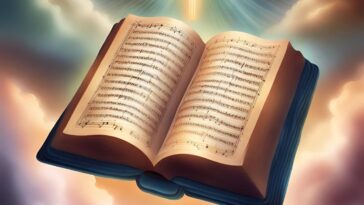 Open book of sheet music against a cloudy sky with a light beam above.