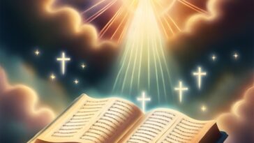 Open book with musical notes, glowing crosses, clouds, and light rays.