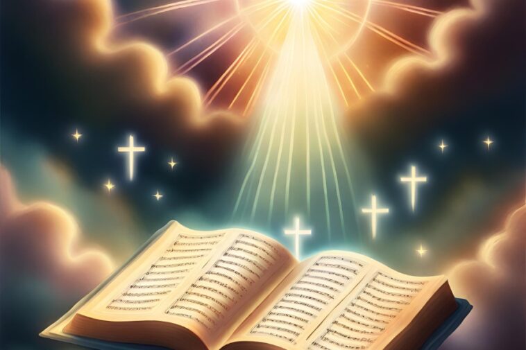 Open book with musical notes, glowing crosses, clouds, and light rays.