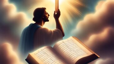A man in a white robe reaches up to a glowing cross, with an open book of sheet music in the foreground, all surrounded by clouds.