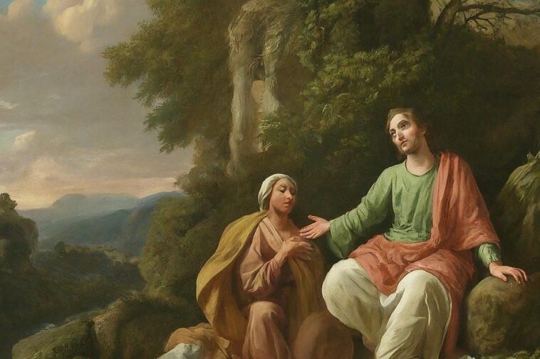 Painting of a man and woman in a landscape. The man, wearing a green tunic and red robe, sits on rocks with an outstretched hand. The woman, in a head covering and tan robe, sits beside him with her hands clasped. Mountains and trees fill the background.