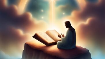 A person sits cross-legged, reading an open book on a rocky surface, under a bright light and starry sky.