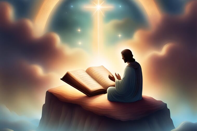A person sits cross-legged, reading an open book on a rocky surface, under a bright light and starry sky.