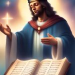 A person with long dark hair and a crown, wearing a blue robe with red trim, stands above an open book of sheet music, with glowing crosses and stars in the background.
