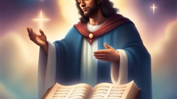 A person with long dark hair and a crown, wearing a blue robe with red trim, stands above an open book of sheet music, with glowing crosses and stars in the background.