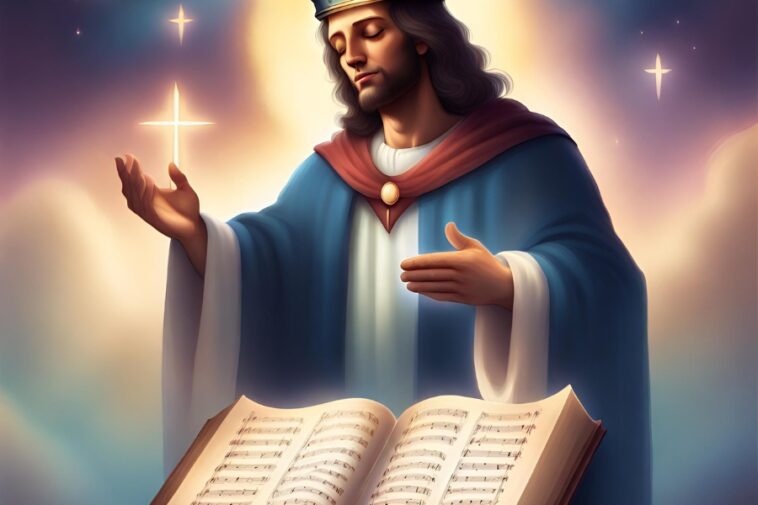 A person with long dark hair and a crown, wearing a blue robe with red trim, stands above an open book of sheet music, with glowing crosses and stars in the background.
