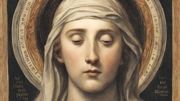 Painting of a woman with eyes closed, wearing a white head covering, against a dark background with a circular halo containing text. More text is at the bottom corners.