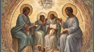 Painting of five people with halos, sitting in a circle, reading books, with text above them, framed by an ornate border.