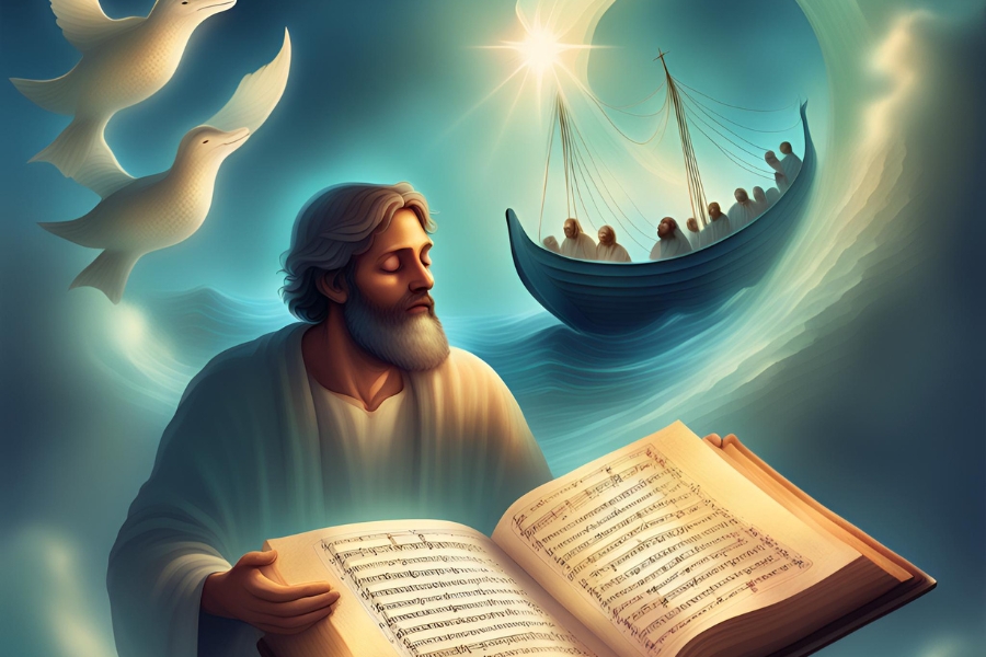A bearded man with closed eyes holds open a book of sheet music. In the background, a boat with people sails on a wavy sea under a bright light, and two doves fly in the sky.