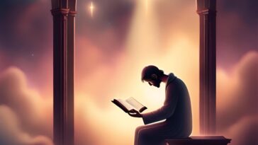 Person seated, reading a book, with columns and glowing light in the background.