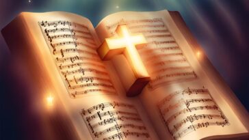 Open book with musical notes and a glowing cross on top.