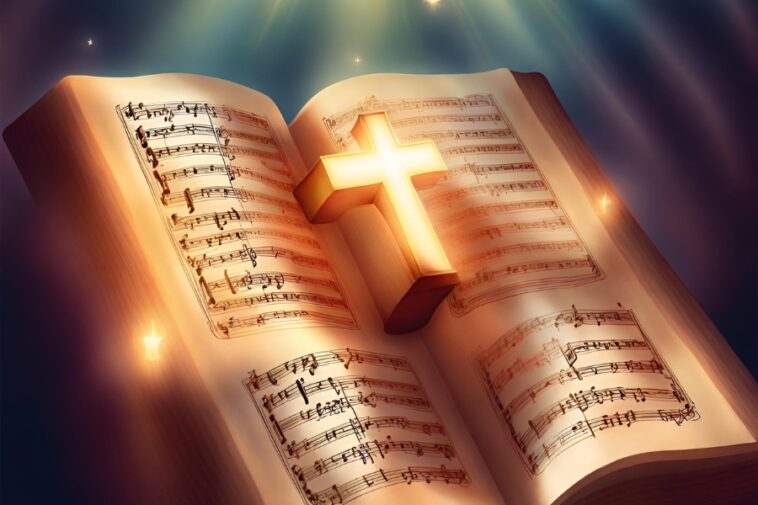 Open book with musical notes and a glowing cross on top.