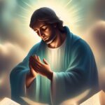 Man with hands clasped in prayer, head bowed, light shining from behind, above an open book.