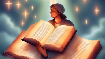 Person with eyes closed, bathed in light, behind a large open book. Cross-shaped stars in the background.
