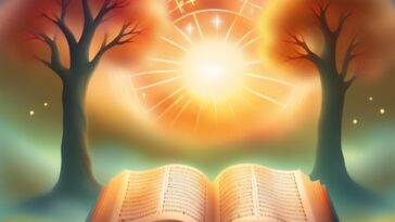 Open book with musical notes, flanked by trees, with a celestial chart and bright light in the background.