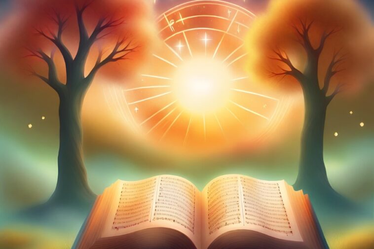 Open book with musical notes, flanked by trees, with a celestial chart and bright light in the background.