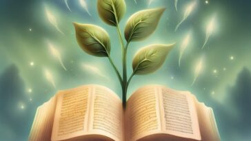 Open book with text, a plant growing out of it, and floating feather-like shapes.