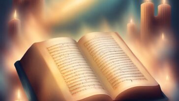 Open book with musical notes on pages, surrounded by lit candles.