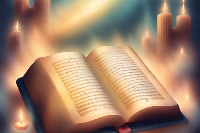 Open book with musical notes on pages, surrounded by lit candles.