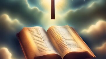 Open book with text, a cross above, and a cloudy sky.