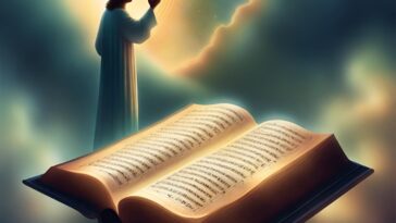 A figure in a white robe stands with hands raised toward a glowing light, above an open book filled with text.