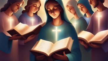 Illustration of people with closed eyes holding open books, wearing robes with glowing crosses on them.