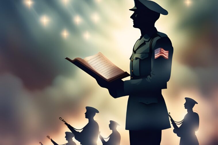 Soldier in uniform with American flag patch holds open book, silhouetted soldiers with rifles below, against a sky with bright stars.
