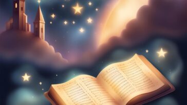 Open book with musical notes floats against a dreamy backdrop of stars, clouds, a large moon, and a castle on a cloud.