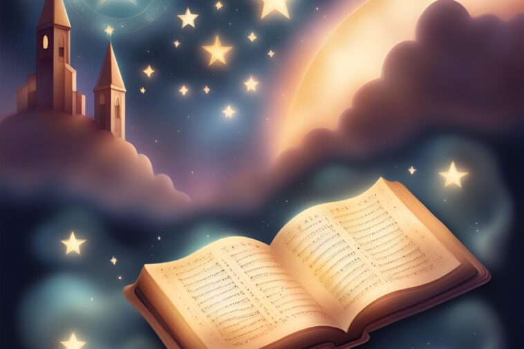 Open book with musical notes floats against a dreamy backdrop of stars, clouds, a large moon, and a castle on a cloud.