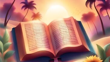 Open book displaying musical scores, set against a stylized desert landscape with palm trees and a sunset. A sunflower and leafy plants frame the bottom corners.