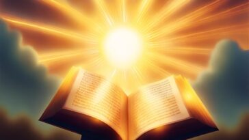 Open book with text, illuminated by bright golden light radiating from above, surrounded by clouds.