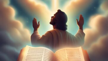 Person with arms raised looks up toward a glowing cross above an open book.