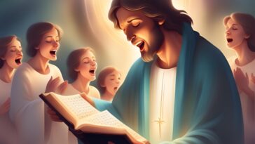 A man with long hair and a beard reads from an open book while a group of women sing behind him.