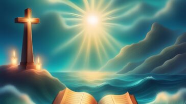 Illustration shows a cross and two candles on a hill overlooking water, with an open book in the foreground and bright sunlight above.