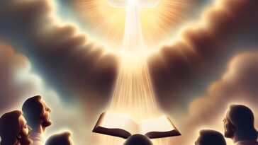 A glowing cross shines above an open book, surrounded by people looking up amidst clouds.